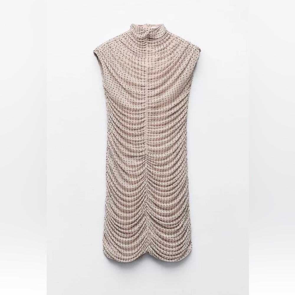 ZARA SHORT MESH DRESS WITH RHINESTONES BEIGE-PINK NEW
